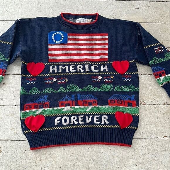Vintage Sweaters - Vintage America Forever 80s Novelty Knit Sweater